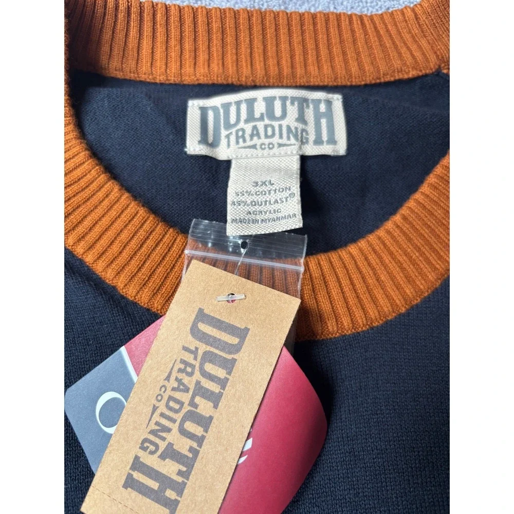 Duluth Trading Co Mens Rocket Science Baseball Crew Sweater Navy Orange 3XL